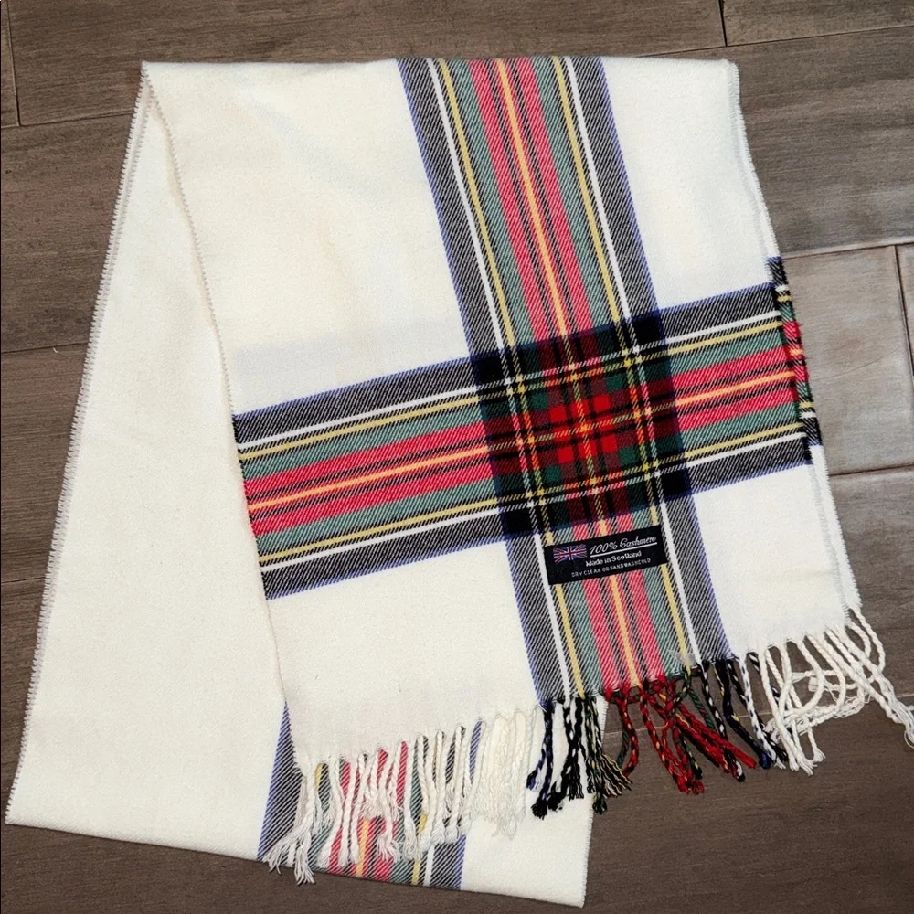 100% Cashmere Ivory & Red Plaid Scarf Made in Scotland